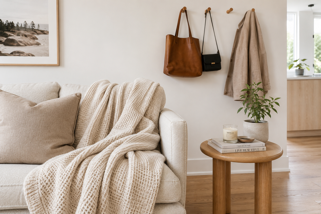 a bright minimal living room corner, a couch with a waffle-knit throw blanket, wall hooks with bags and a coat, a clean organized side table.