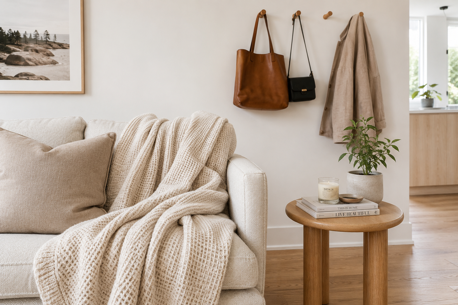 a bright minimal living room corner, a couch with a waffle-knit throw blanket, wall hooks with bags and a coat, a clean organized side table.