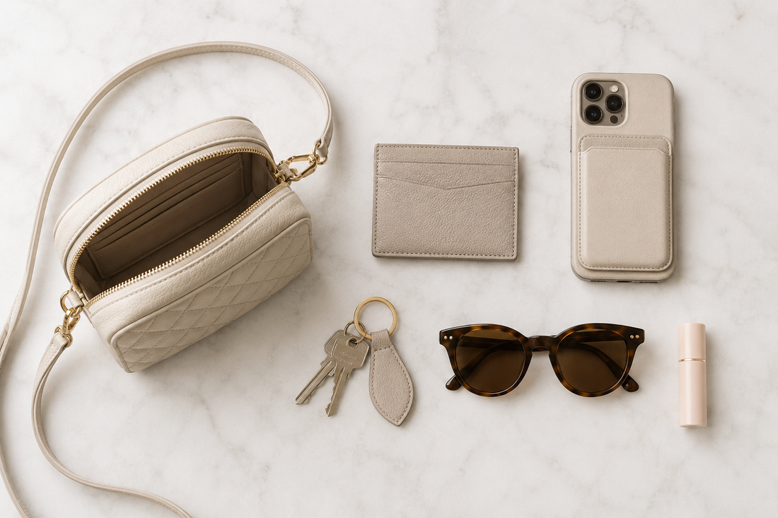 overhead shot on a white marble or light linen surface. Items: a compact diamond-patterned crossbody bag (open), a slim card wallet, a phone with wallet case, keys, sunglasses, a small lip balm — arranged neatly with generous space between items.