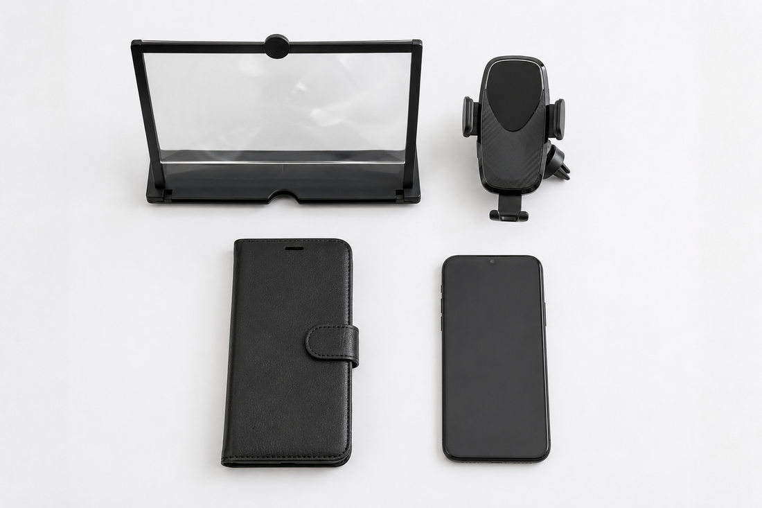 a 3D phone screen magnifier, a sleek car phone holder, a phone wallet case, a smartphone — all arranged neatly with generous space between.