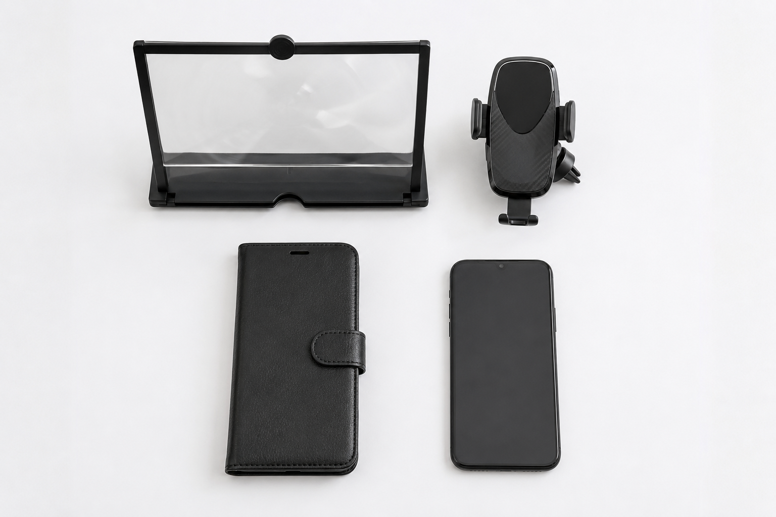 a 3D phone screen magnifier, a sleek car phone holder, a phone wallet case, a smartphone — all arranged neatly with generous space between.