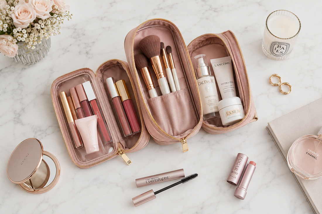 a stylish open multi-compartment makeup bag showing organized contents — lip products in one section, brushes in another, skincare items beside it. A few beauty products elegantly placed (mascara, lip balm, small mirror).