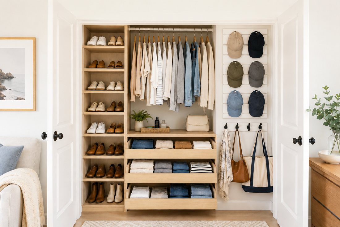 a beautifully organized small closet — open door view. Show: neatly stacked shoes on a vertical rack, caps displayed on a wall organizer, scarves and bags hanging on hooks, folded clothes in drawer sections.