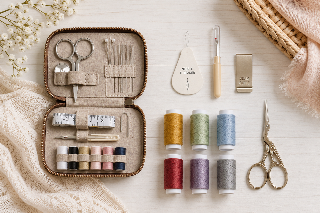 a compact sewing kit, needle threader tool, seam ripper, magnetic seam guide, colorful thread spools, small scissors, arranged neatly and cleanly.