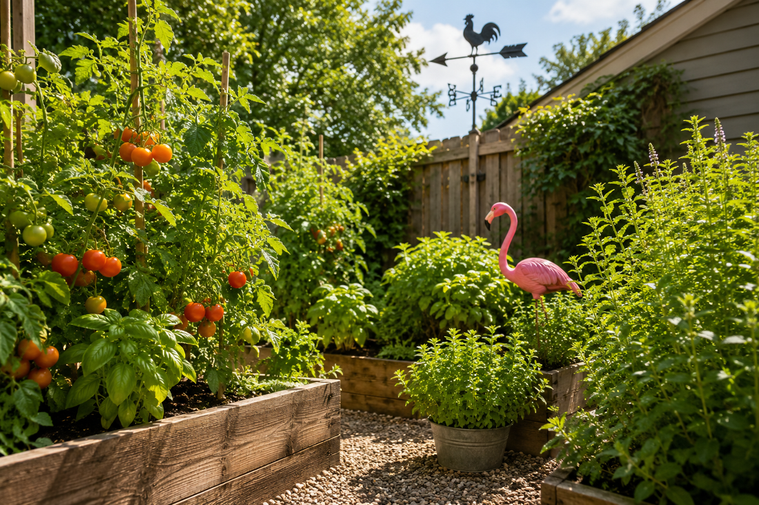 a beautiful small garden in full summer, raised beds with growing tomatoes and herbs, a flamingo decoration among green plants, a decorative weather vane in the background.