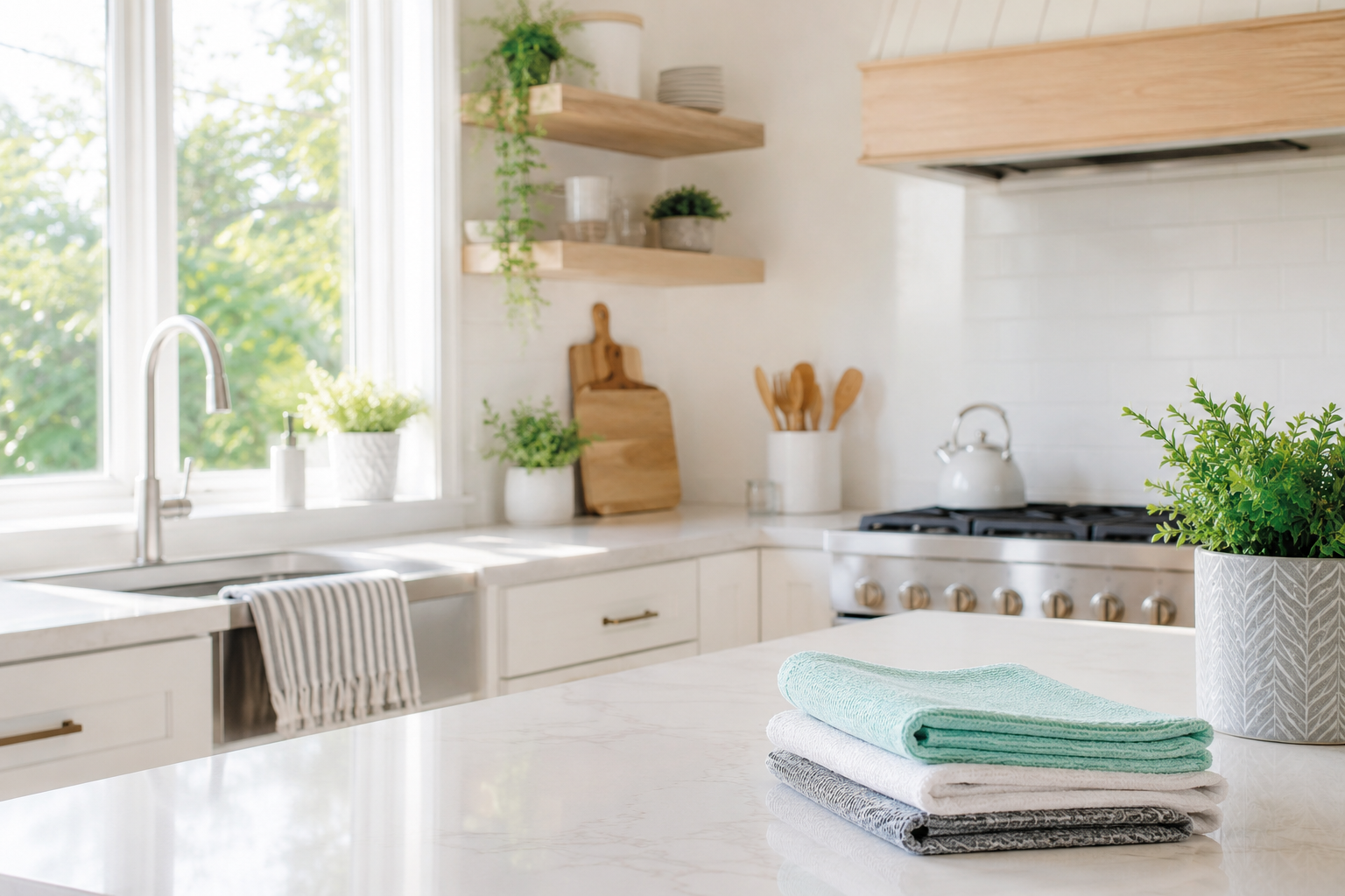a spotlessly clean bright kitchen gleaming countertops, streak-free window, a neat set of cleaning cloths folded on the counter, natural light streaming in.