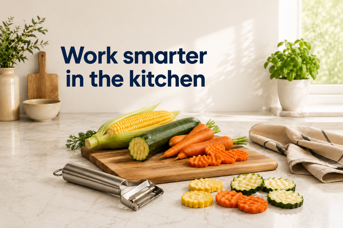 Stainless steel peeler on a bright kitchen counter with fresh carrots, zucchini, corn and neatly arranged wavy-cut vegetable slices on a wooden chopping board.