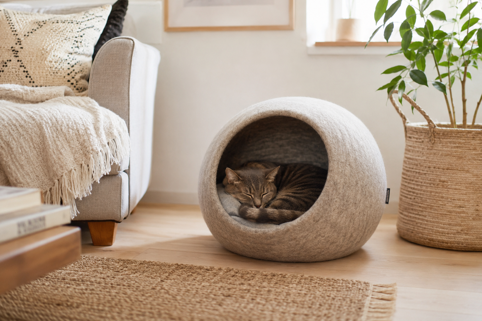 a cozy living room corner, a beautiful round pet cave bed on a light wood floor, a cat or small fluffy dog curled up inside, warm soft light, a plant nearby.
