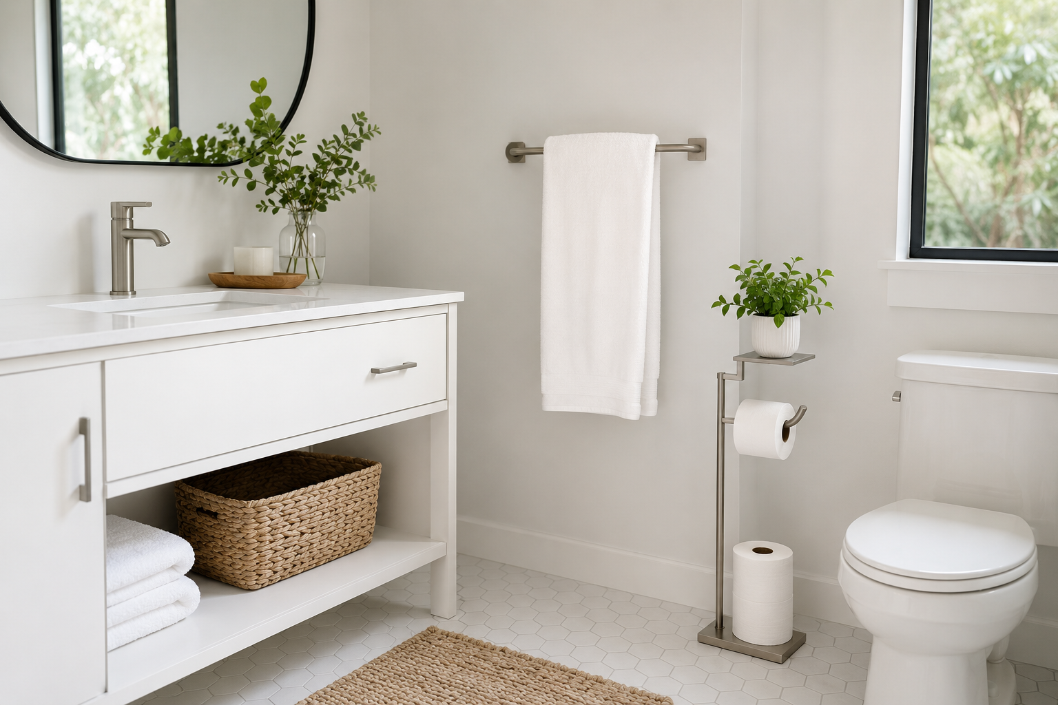 a clean minimal bathroom, white tiles, neatly hung towel on a sleek holder, a stylish toilet paper stand with a small plant on top, streak-free mirror.