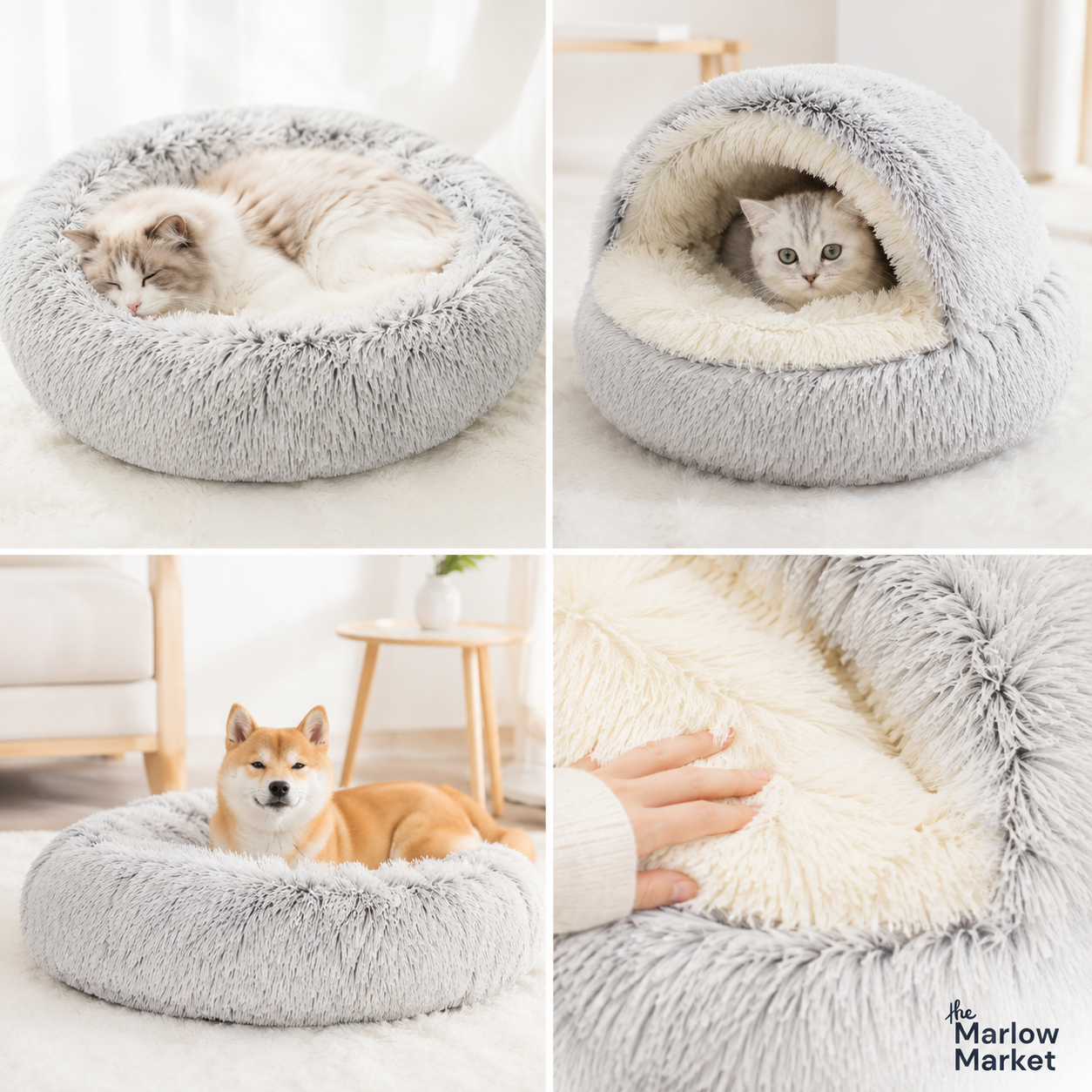 Collage of a fluffy gray pet bed with pets inside, in a home setting.