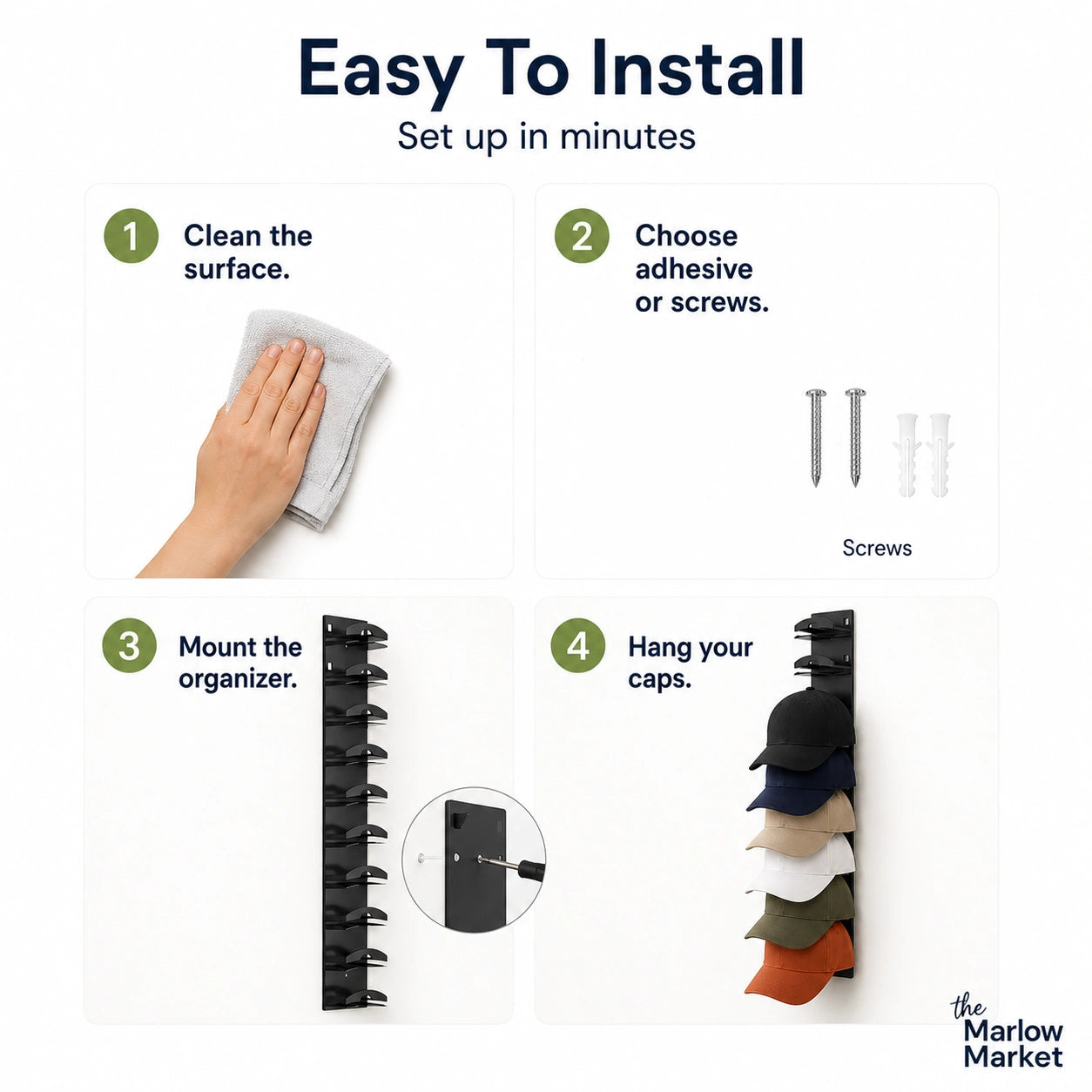 Cap Organizer Wall Mount (10 Caps) – Space-Saving Hat Organizer for Easy Access