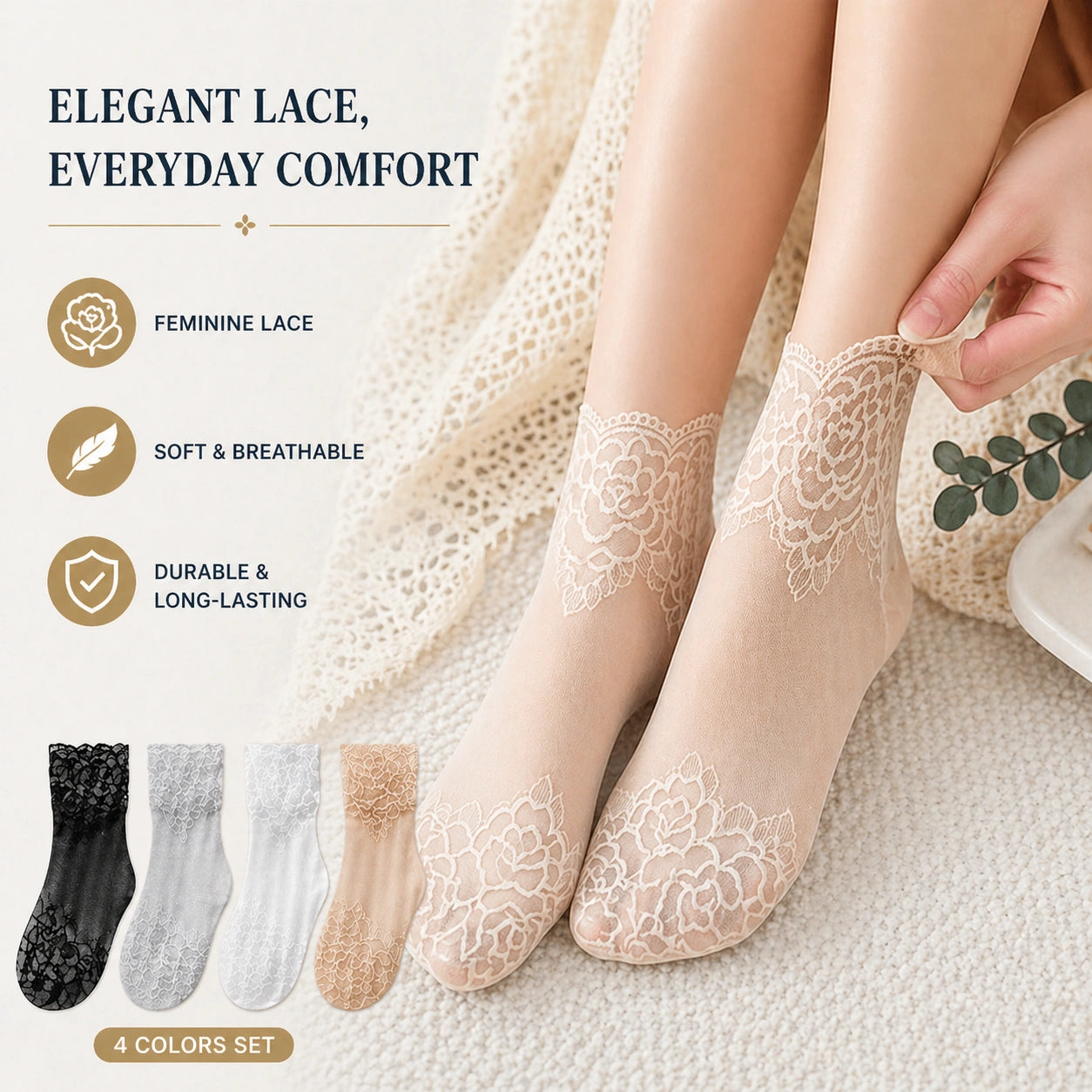 Invisible Lace Socks (Set of 4 Colors) – Elegant Comfort for Any Outfit