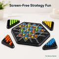 Board game with colorful pieces on a white surface, labeled 'Screen-Free Strategy Fun'.