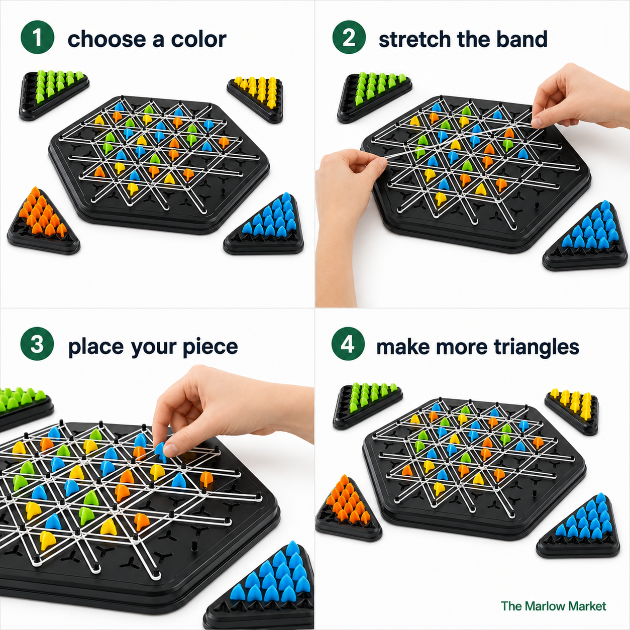 Step-by-step guide to playing a game with colorful triangular pieces on a black board.