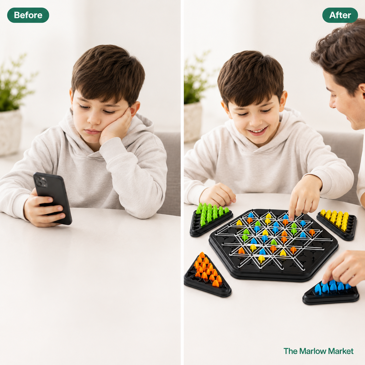 Before and after comparison of a child using a smartphone and then playing with a colorful board game.