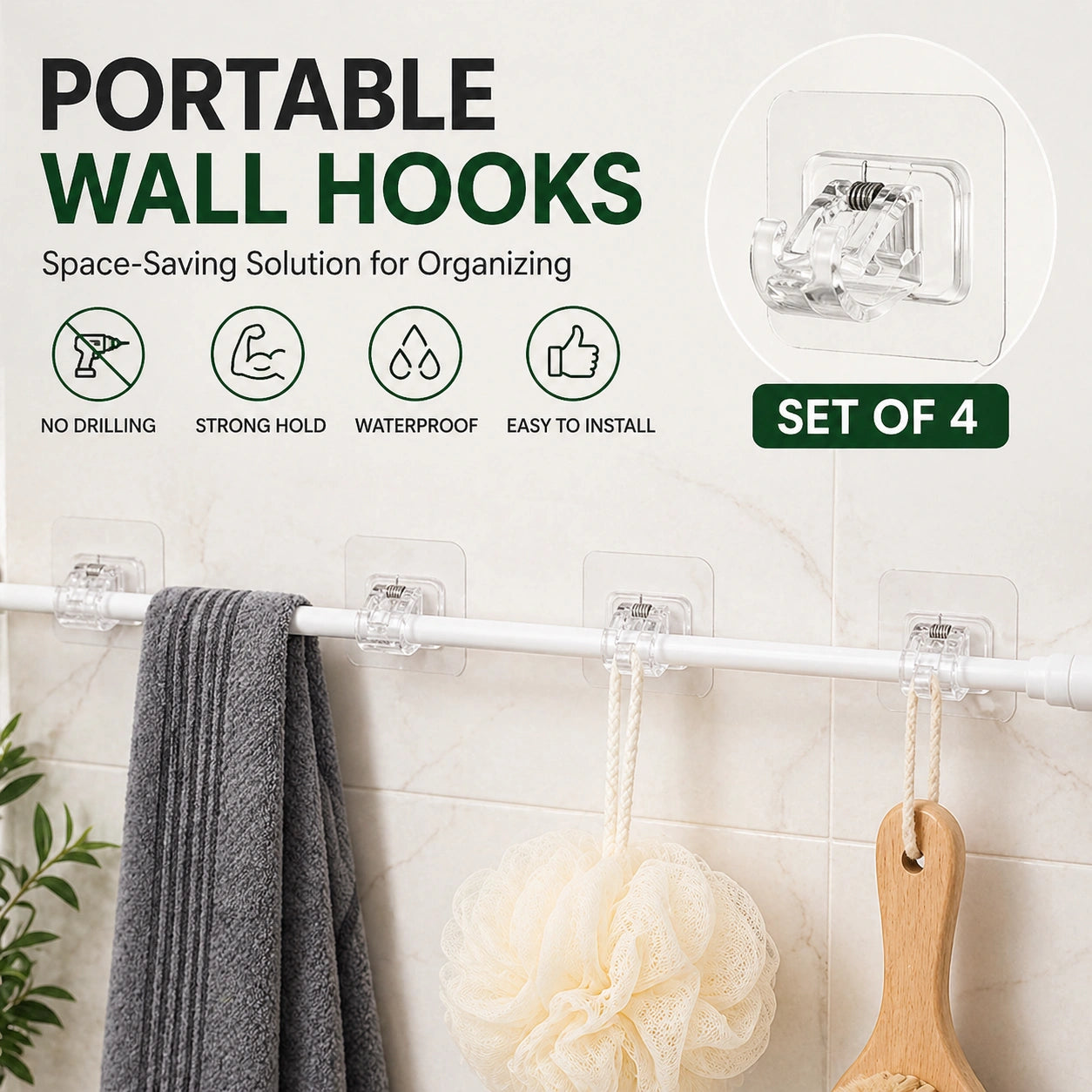 Portable Wall Hooks (Set of 4) – Space-Saving Solution for Organizing