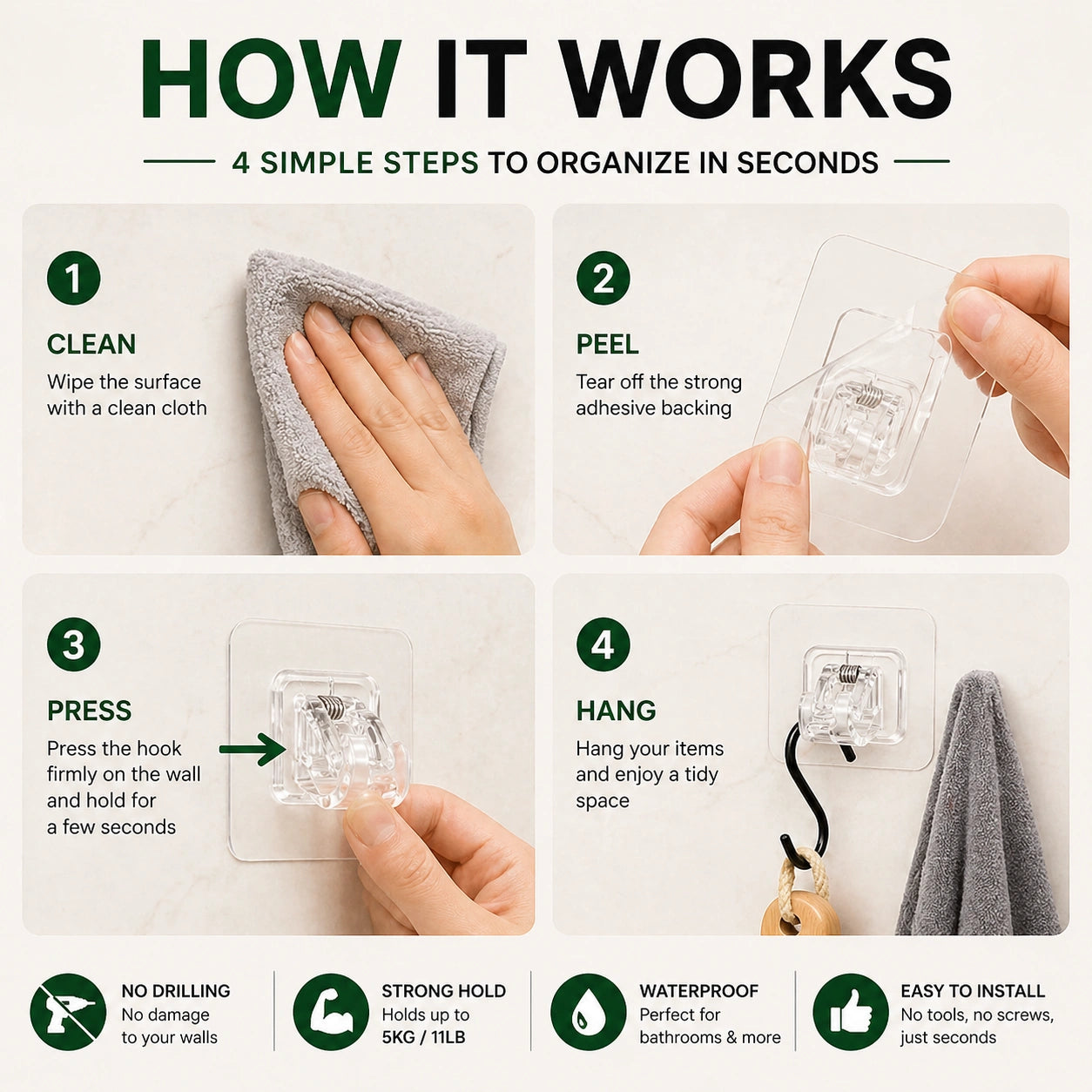 Portable Wall Hooks (Set of 4) – Space-Saving Solution for Organizing