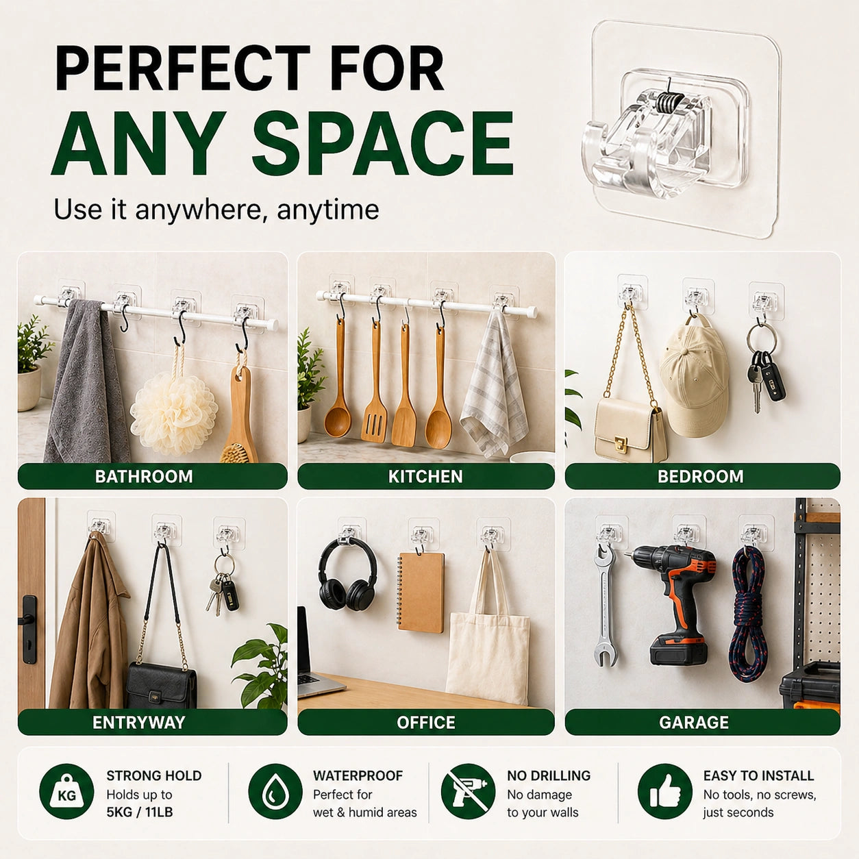 Portable Wall Hooks (Set of 4) – Space-Saving Solution for Organizing