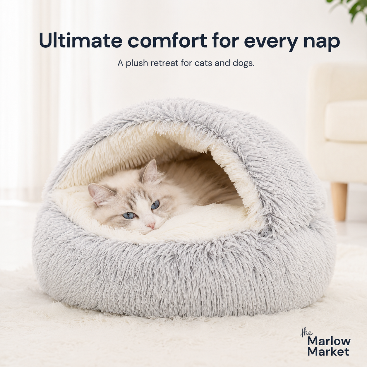 Cat lying in a plush gray pet bed with text 'Ultimate comfort for every nap' and 'A plush retreat for cats and dogs.'
