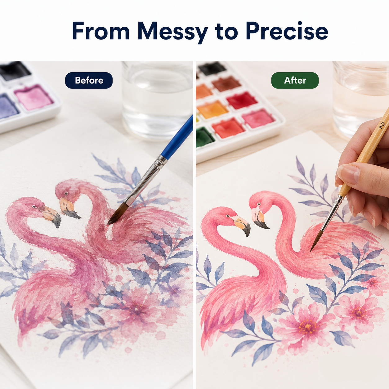 Before and after comparison of a watercolor painting of pink flamingos with a hand holding a brush.