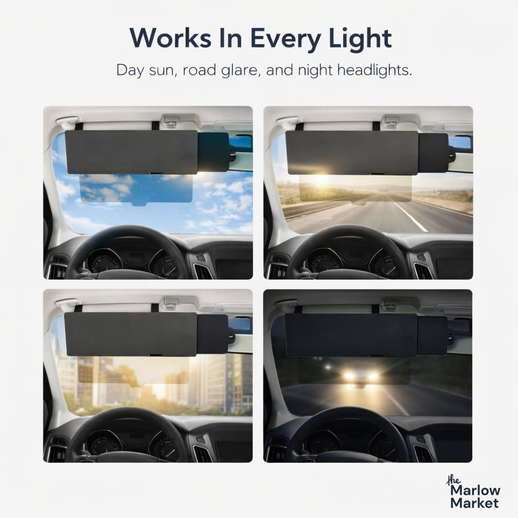 Car visor with sunshade in various lighting conditions, including day, road glare, and night headlights, with 'The Marlow Market' branding.