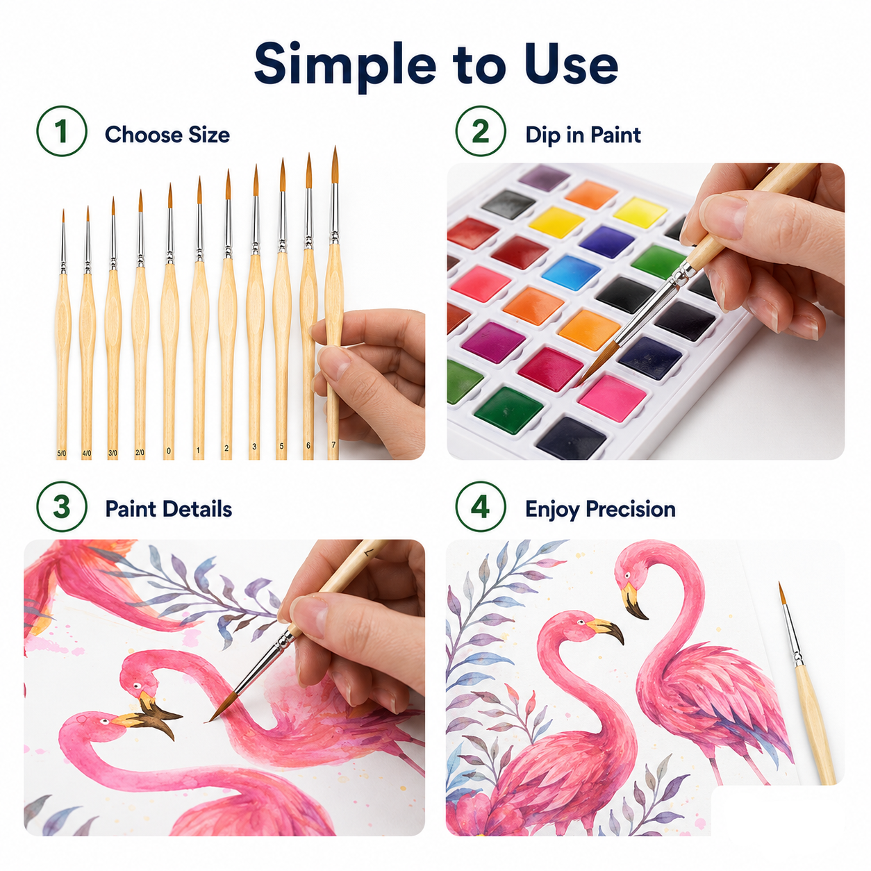 Set of paintbrushes with step-by-step guide on using them to paint a flamingo design.