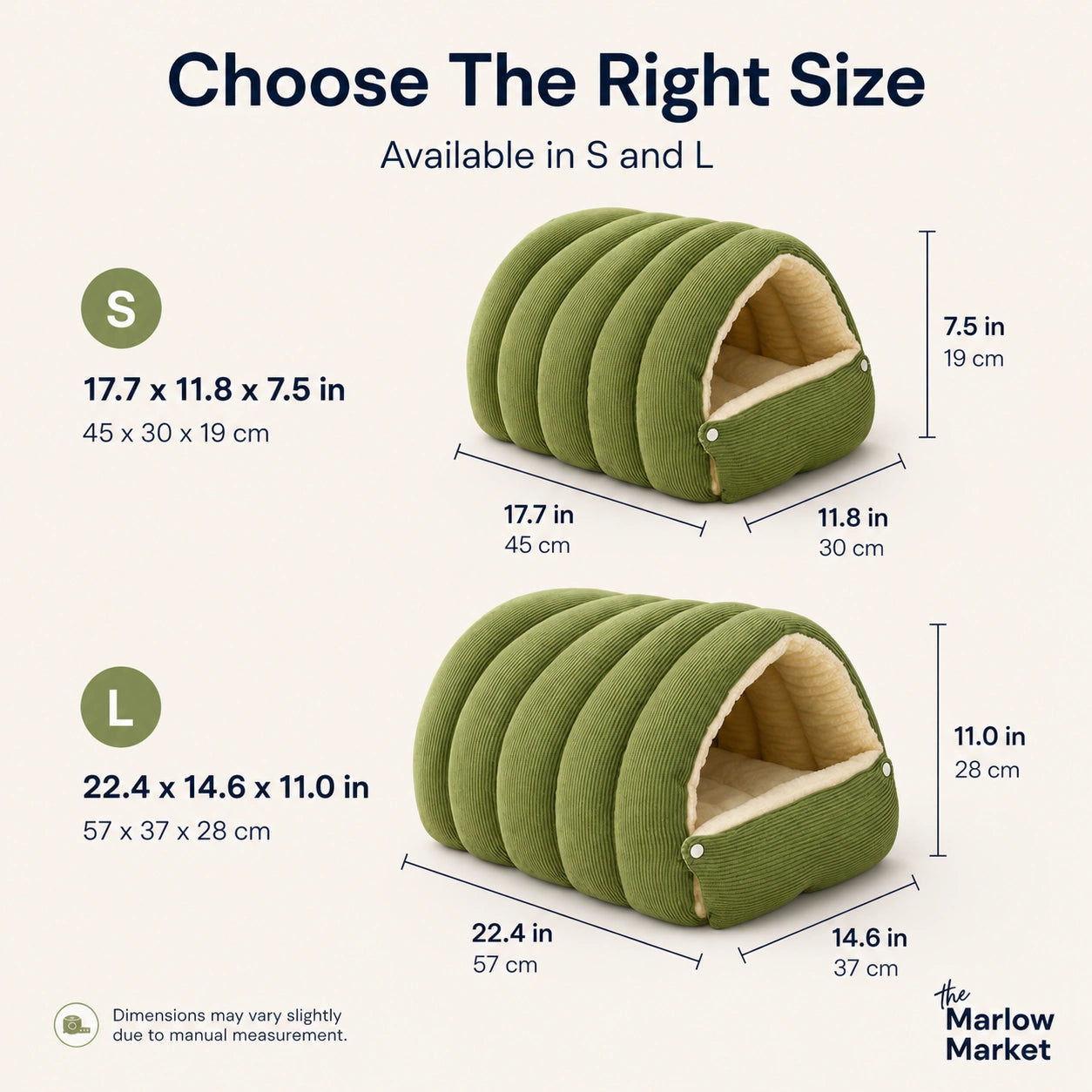 Green pet cave with size comparison chart on a white background