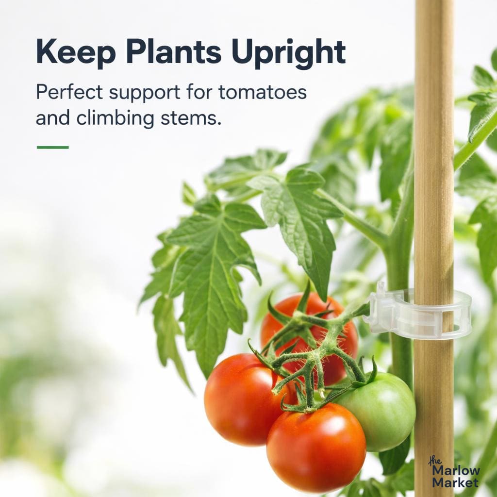 Tomatoes supported by a wooden stake with text 'Keep Plants Upright' and 'Perfect support for tomatoes and climbing stems.'