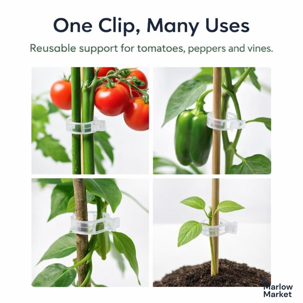 Reusable plant support clip used on tomatoes, peppers, and vines with text 'One Clip, Many Uses'.