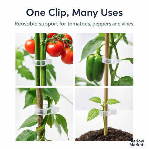 Reusable plant support clip used on tomatoes, peppers, and vines with text 'One Clip, Many Uses'.