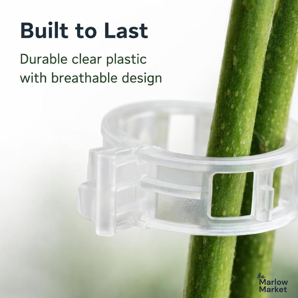 Clear plastic plant support clip on a green stem with text 'Built to Last' and 'Durable clear plastic with breathable design'.